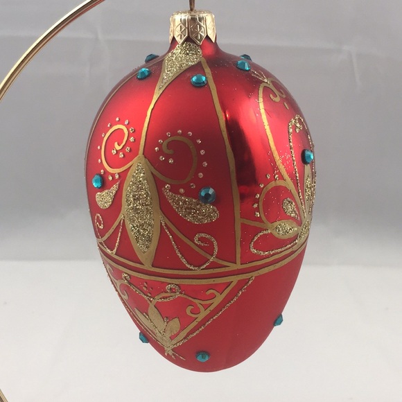 VINTAGE ARTISAN HANDCRAFTED RED EGG SHAPED CHRISTMAS ORNAMENT UPCYCLED - Picture 3 of 8